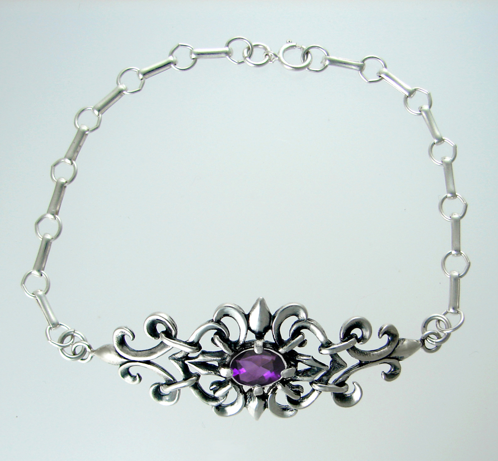 Sterling Silver Chain Bracelet With Faceted Amethyst